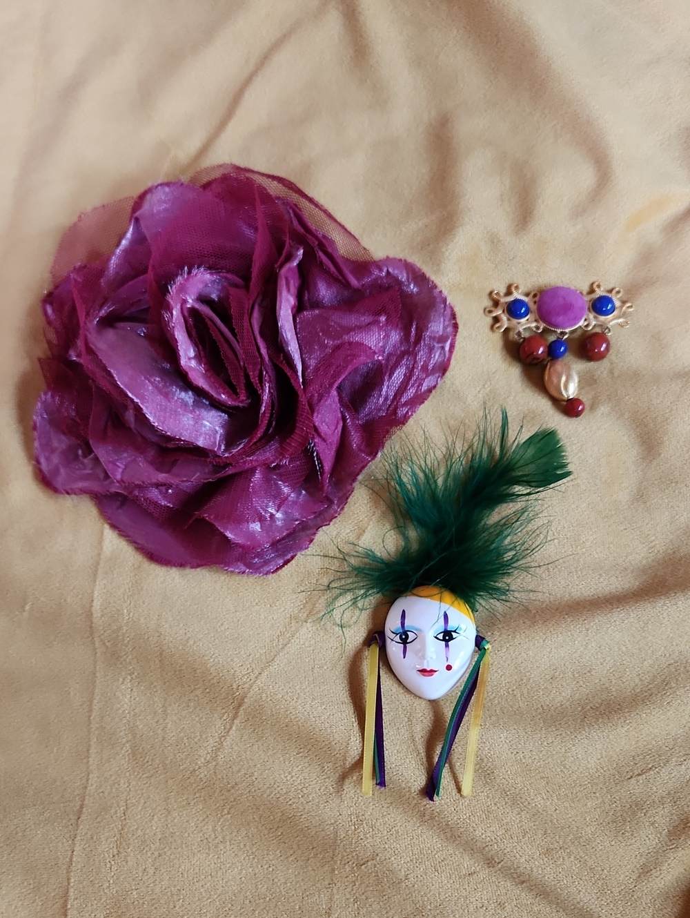 Vintage Brooches And Pin Lot- Flower, Clown, Velvet Beaded
